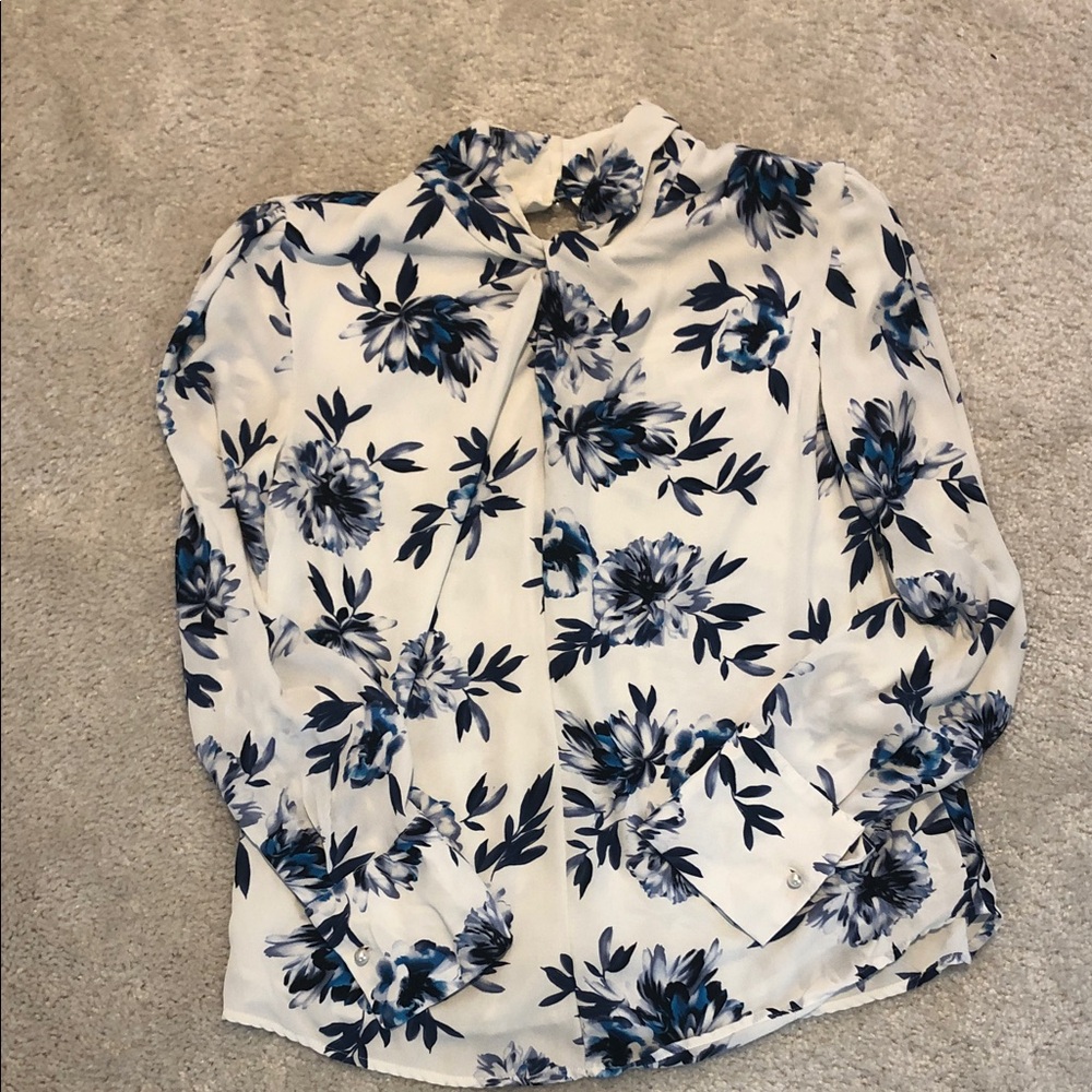 White House Black Market White Blouse with Blue Floral Print